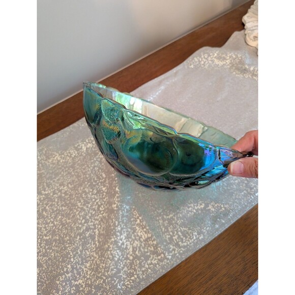 Indiana Carnival Glass Madeira Round Raised Fruit/Punch Bowl Iridescent Teal VTG - Picture 5 of 12